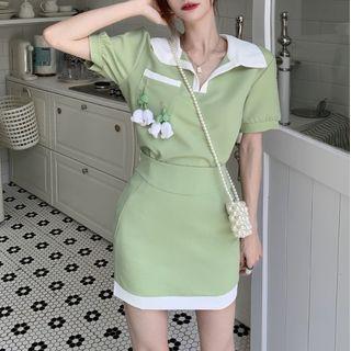 Short-sleeve Lapel Contrast Trim Top / High-waist Contrast Trim A-line Mini Skirt