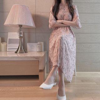 Floral Elbow-sleeve Accordion Pleated Midi A-line Dress