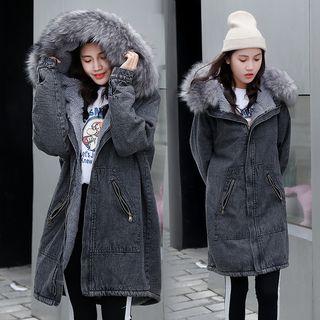 Furry Trim Printed Hooded Zip Denim Jacket