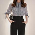 Short-sleeve Lace Shirt / Wide-leg Dress Pants