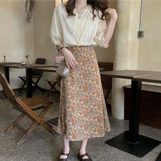 Set: Elbow-sleeve Lace Trim Blouse + Floral Print Midi A-line Skirt