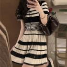 Short-sleeve Collar Striped Knit Top / Mini A-line Skirt