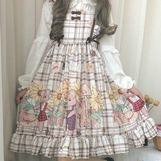 Printed Plaid Jumper Dress / Ruffle Trim Shirt