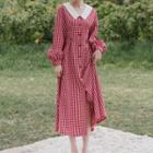 Long-sleeve Buttoned Collared Plaid Midi Dress
