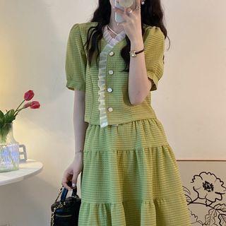 Puff-sleeve Mesh Ruffle Plaid Blouse / Midi A-line Skirt