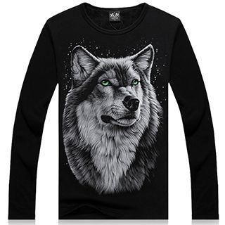Long-sleeve Wolf Print T-shirt
