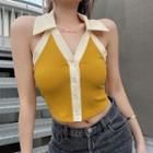 Halter-neck Collared Cropped Knit Camisole Top