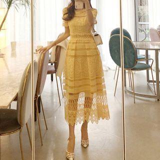 Short-sleeve Midi A-line Eyelet Dress