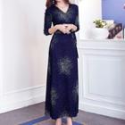 Dotted 3/4-sleeve Maxi Wrap Dress