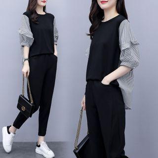 Set: Striped Panel Elbow-sleeve Top + Cropped Straight-cut Pants