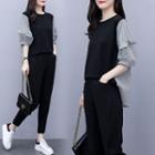 Set: Striped Panel Elbow-sleeve Top + Cropped Straight-cut Pants