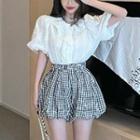 Puff-sleeve Ruffled Blouse / Gingham Puff Shorts