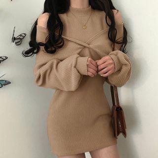 Set: Long-sleeve Deep V-neck Cropped Sweater + Mock-neck Mini Bodycon Tank Dress
