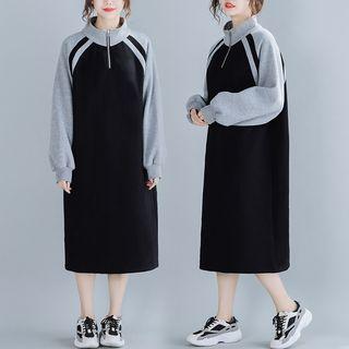 Contrast Trim Long-sleeve Midi Dress Black & Gray - One Size