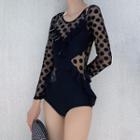 Long-sleeve Mesh Panel Dotted Swimsuit
