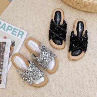 Sequined Flat Slide Sandals