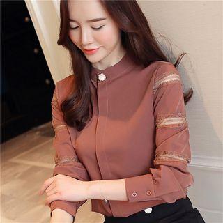 Lace Trim Mock Neck Chiffon Blouse