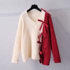 V-neck Ribbon Two-tone Sweater