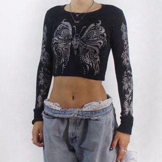 Long-sleeve Crew-neck Butterfly Print Crop Top