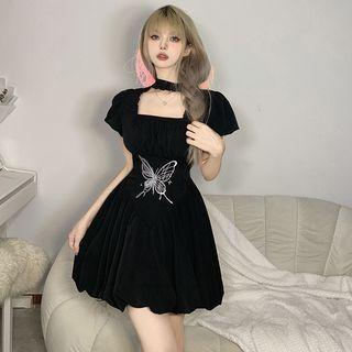 Short-sleeve Square-neck Butterfly Embroidered Mini A-line Dress