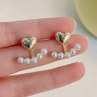 Faux Pearl Heart Ear Jacket 1 Pair - Gold & White - One Size