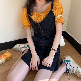 Lace Trim Elbow-sleeve Cropped Blouse / Button Denim Mini A-line Pinafore Dress