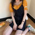 Lace Trim Elbow-sleeve Cropped Blouse / Button Denim Mini A-line Pinafore Dress