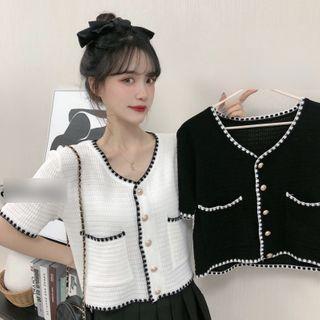 Short-sleeve Contrast Trim Button-up Knit Top