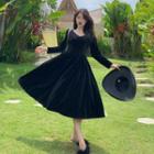 Velvet V-neck Long-sleeve Dress As Figure - One Size