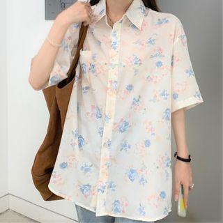Short-sleeve Floral Print Shirt Floral - Light Pink - One Size