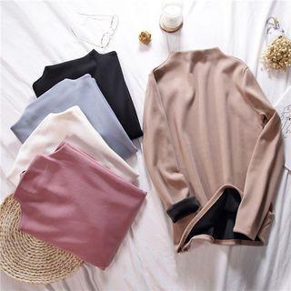 Mock-turtleneck Fleece-lined Long-sleeve T-shirt