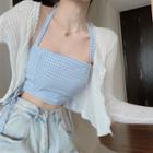 Plain Slim-fit Cropped Light Cardigan / Check Halter Cropped Camisole Top