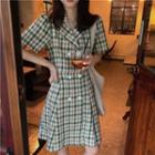 Short-sleeve Plaid Double-breasted A-line Shirtdress Plaid - Green & Brown & White - One Size