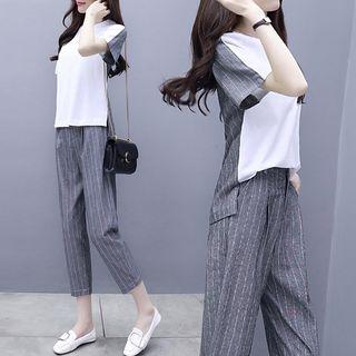 Set: Stripe Panel Short-sleeve T-shirt + Cropped Pants