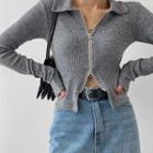 Collared Zip-up Cropped Knit Cardigan