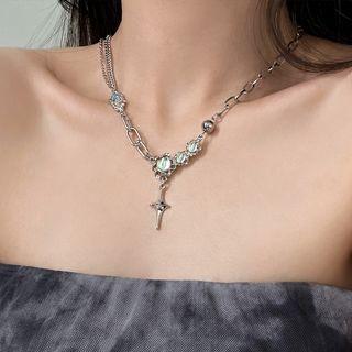 Star Pendant Moonstone Rhinestone Stainless Steel Necklace Necklace - Moonstone - Silver & White - One Size