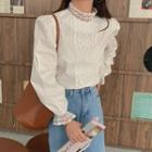Bell-sleeve Mock-neck Lace Panel Blouse White - One Size