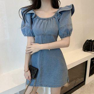 Balloon-sleeve Ruffled A-line Denim Dress