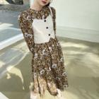 Set: Chained Camisole Top + Long-sleeve Floral Print Midi A-line Dress