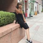 Deep V-neck Sleeveless Knit Dress Black - One Size