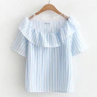 Lace Trim Striped Short-sleeve Blouse