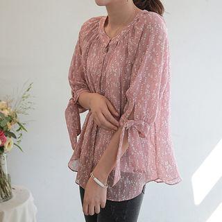 Tie-sleeve Floral Print Chiffon Blouse