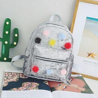 Pompom-accent Velvet Backpack