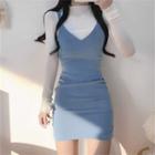 Set: Spaghetti Strap Mini Sheath Dress + Long-sleeve Mock-neck Top