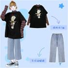 Set : Patchwork Long-sleeved Fake Two Piece Top + High Waist Jeans