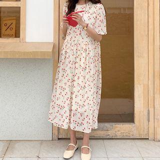 Floral Short-sleeve Midi A-line Dress Red Floral - White - One Size