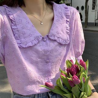 Ruffle Trim Short-sleeve Eyelet Blouse