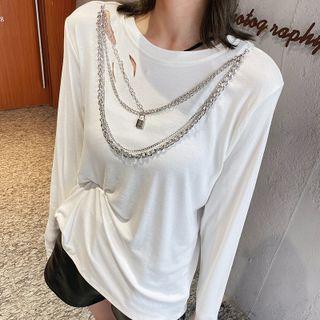 Long-sleeve Cutout Layered Chain T-shirt