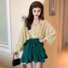 Long-sleeve Shirt / Plain Tie Waist Asymmetric A-line Skirt