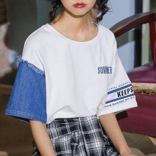 Short-sleeve Denim Panel Lettering T-shirt White - One Size